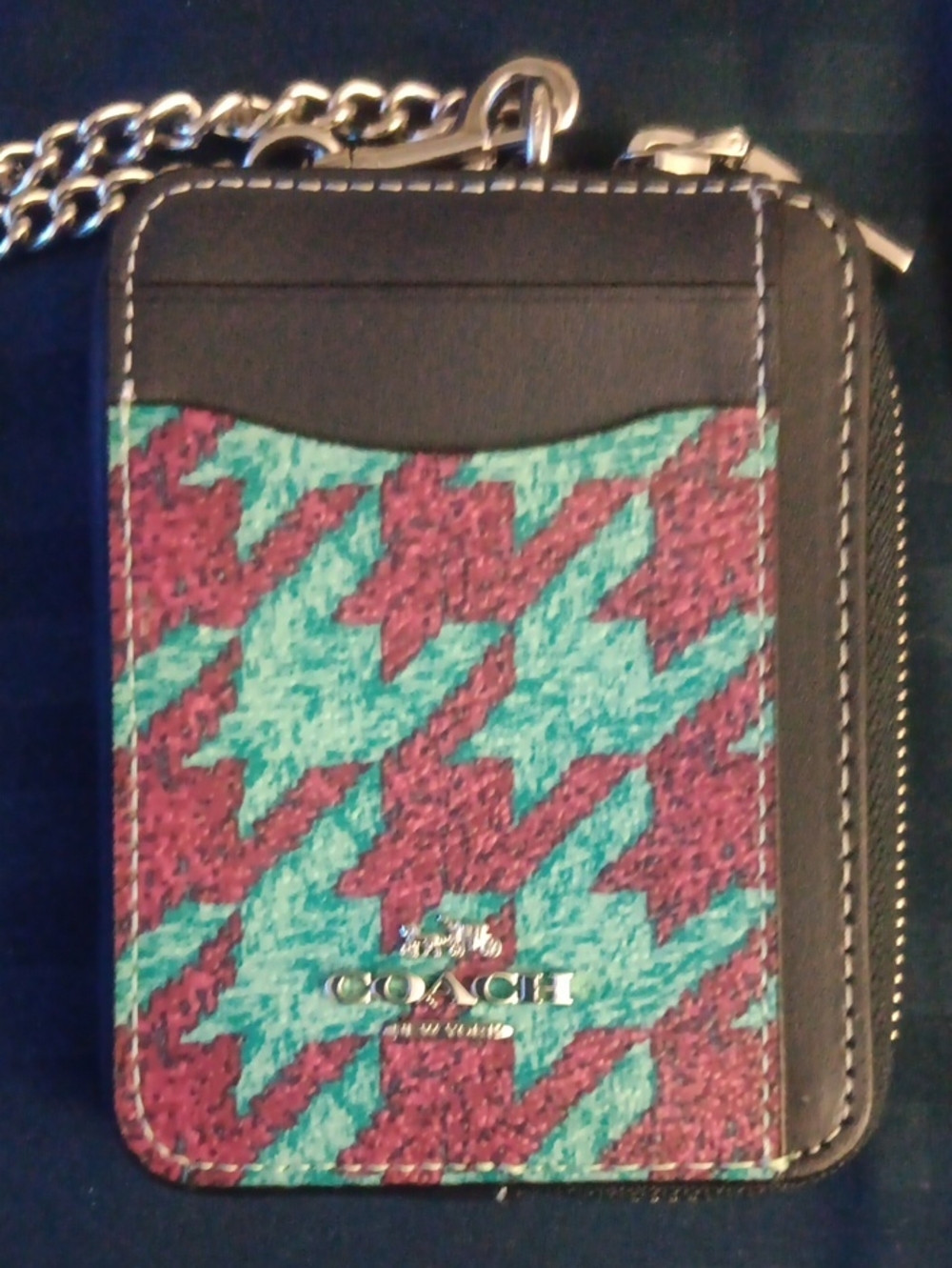 COACH Women's Black Leather Card Case with Teal & Pink Houndstooth